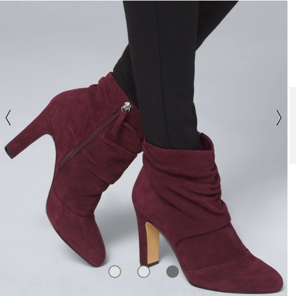 White House Black Market Suede Lou Ankle Booties Heeled Slouch Burgundy Size 9